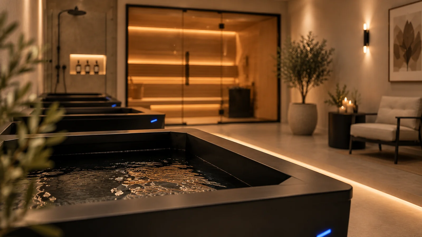 Matte black ice baths in front of a glass-fronted, warm-lit sauna
