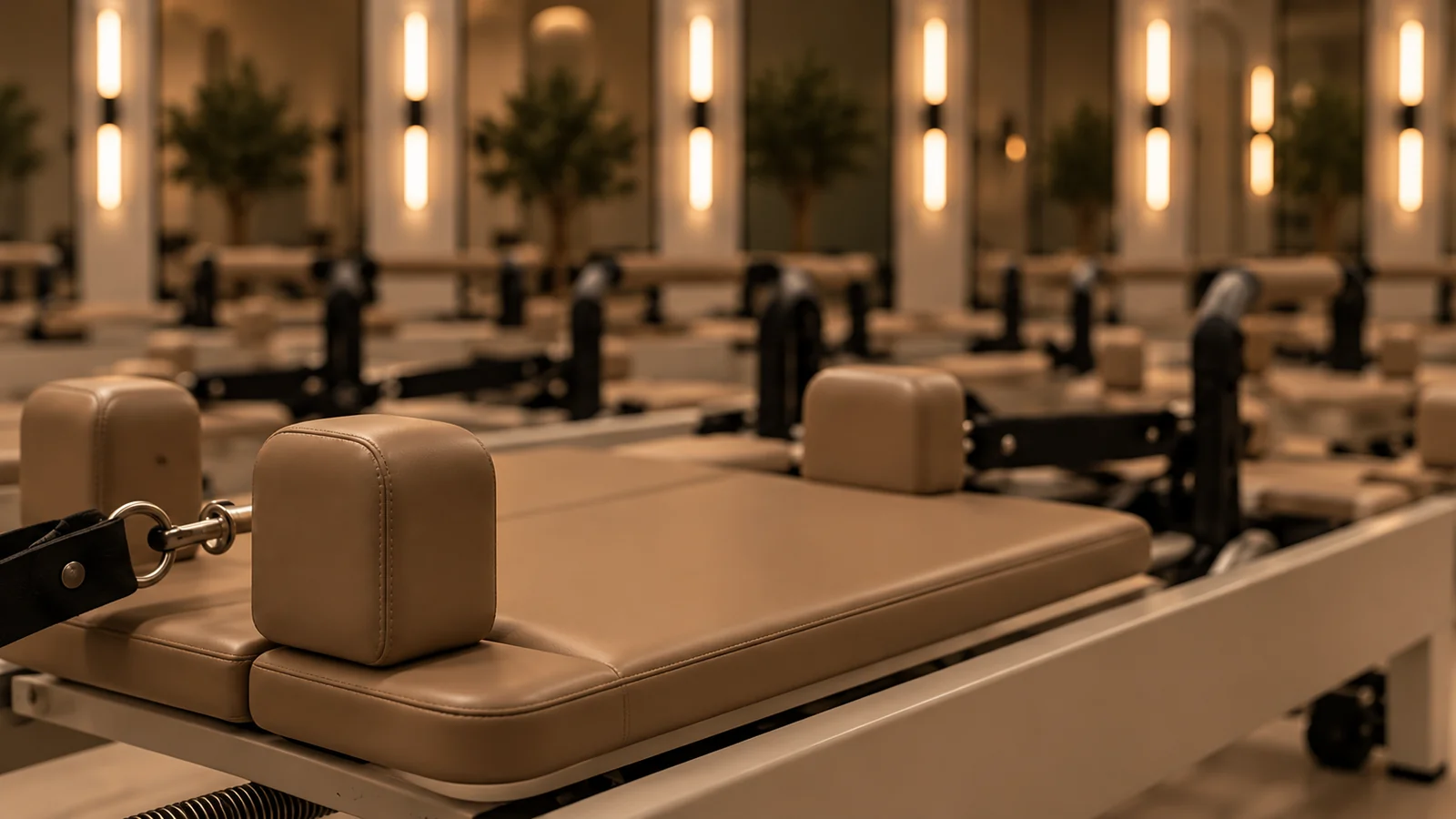 Rows of reformer Pilates machines with beige upholstered carriages
