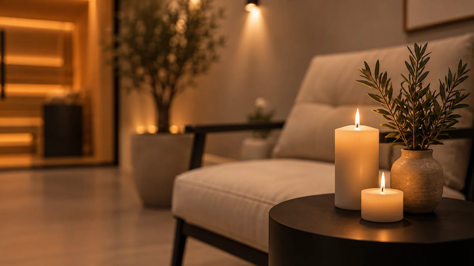 A cushioned lounge armchair beside a low table with lit candles and olive sprigs