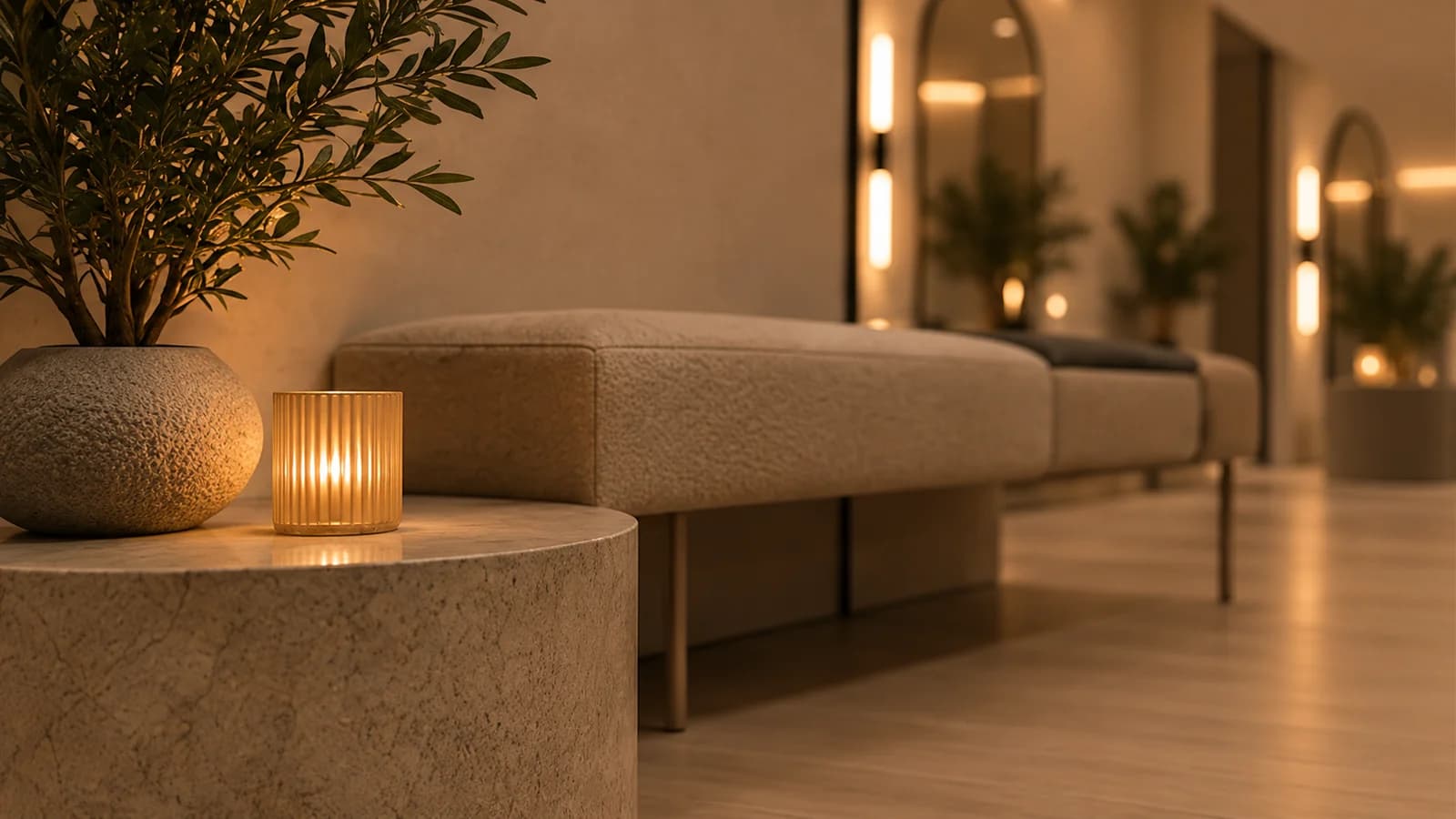A timber bench in the relaxation lounge with a single lit candle