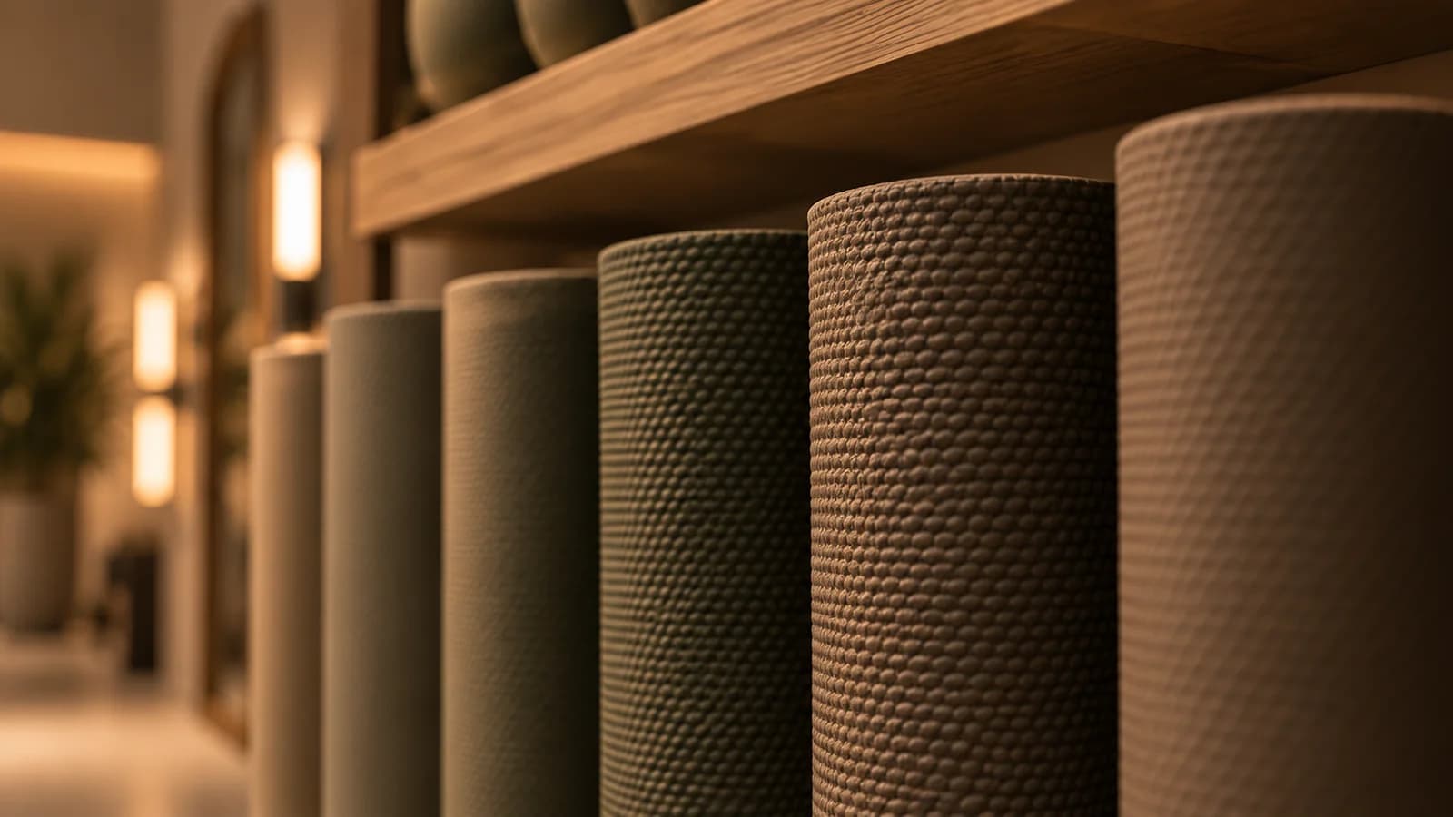 Rolled yoga mats stacked neatly on a timber shelf